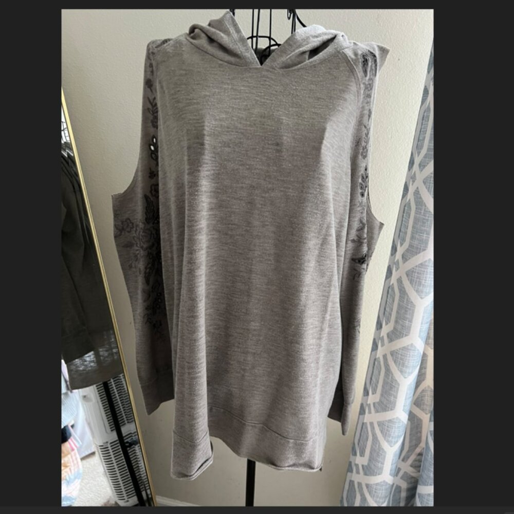 Taupe Lightweight hoodie with open shoulders and embroidery detail
